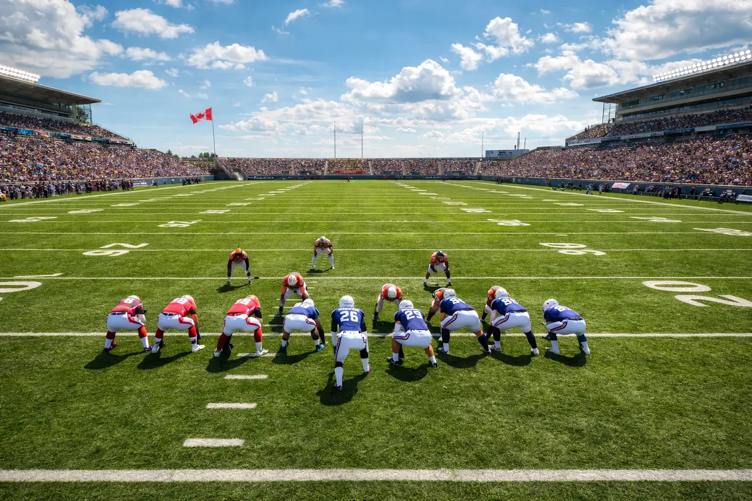 CFL Wetten – Canadian-Football-Spielfeld mit größerem Feld und Spielern bei Tageslicht