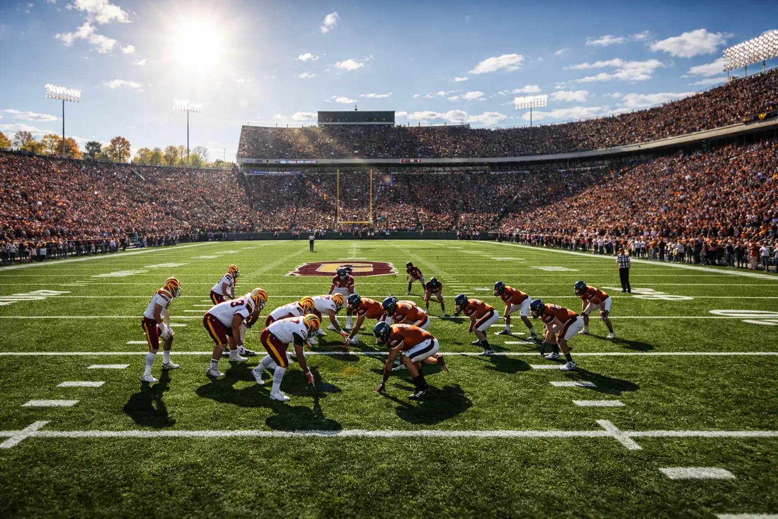 College Football Wetten – Volles College-Stadion mit Fans und American-Football-Spielfeld