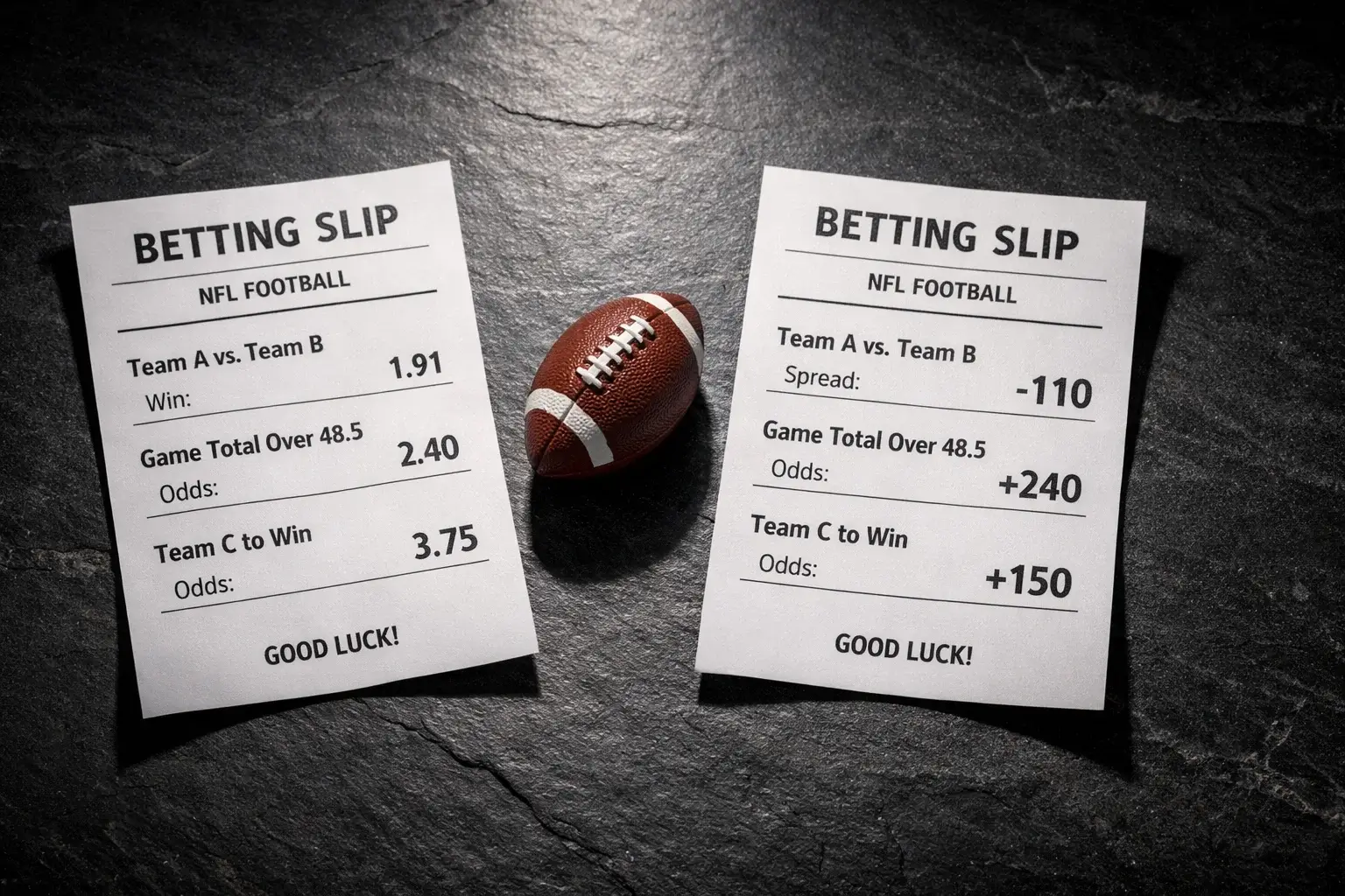 Dezimalquoten und amerikanische Quoten – Wettschein mit NFL-Quoten in beiden Formaten