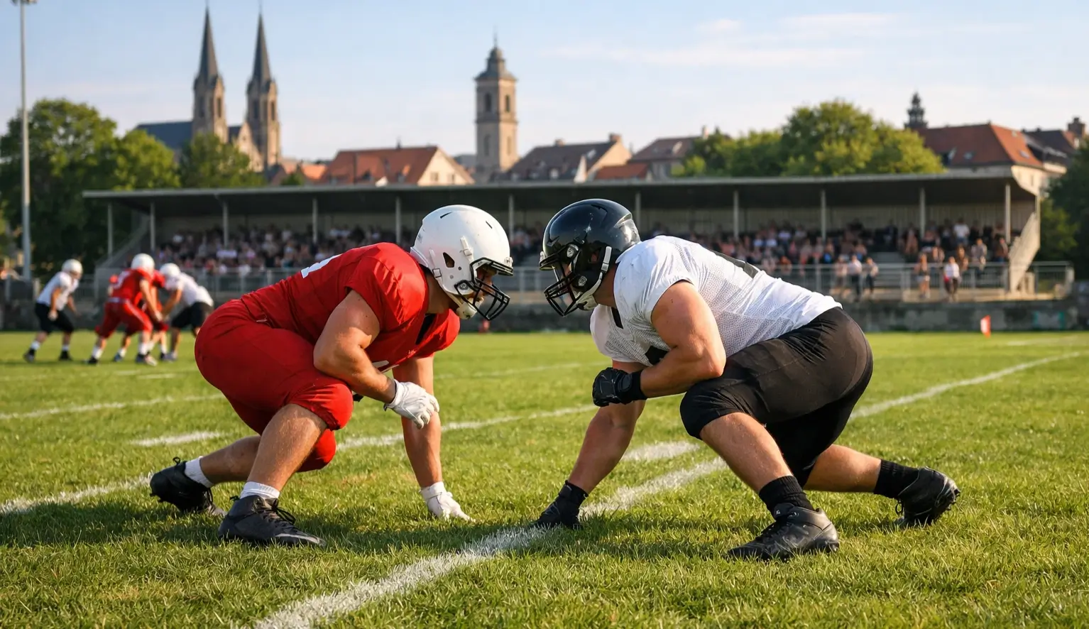 American-Football-Spieler in voller Ausrüstung auf einem europäischen Rasenplatz bei Tageslicht