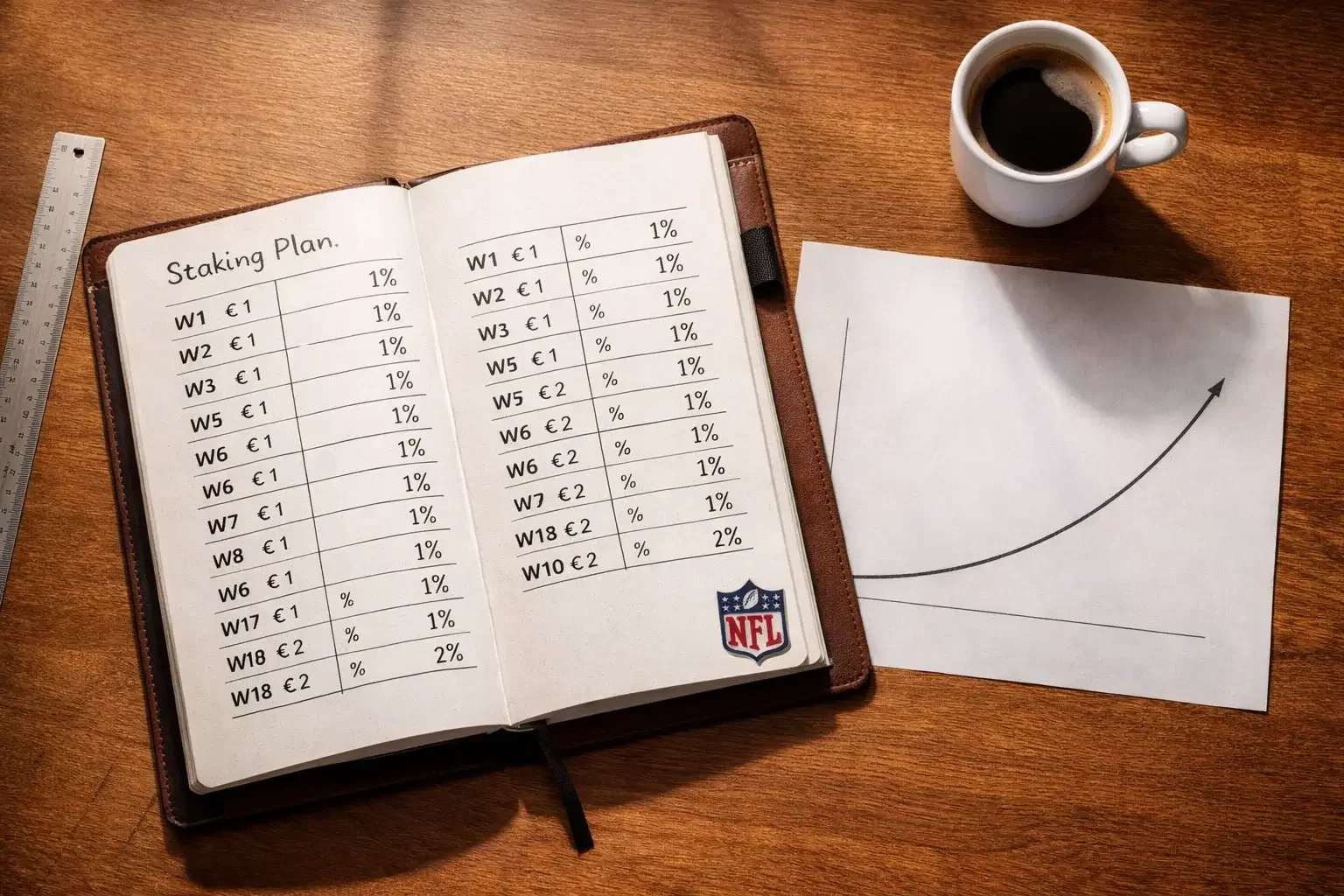 Notizbuch mit NFL-Einsatzplanung und Bankroll-Strategie