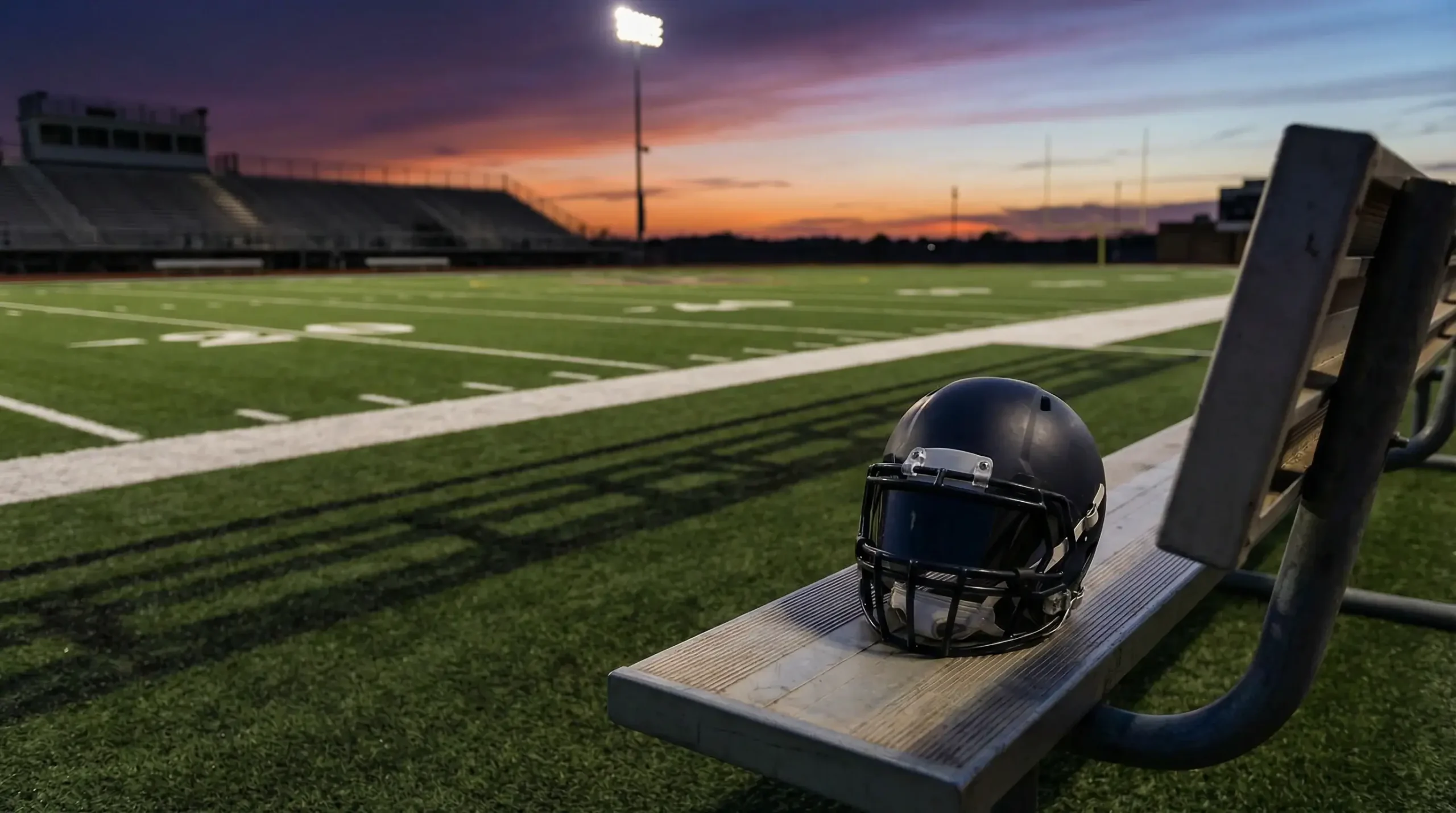 Leeres NFL-Spielfeld mit American-Football-Helm auf der Seitenlinie bei Flutlicht