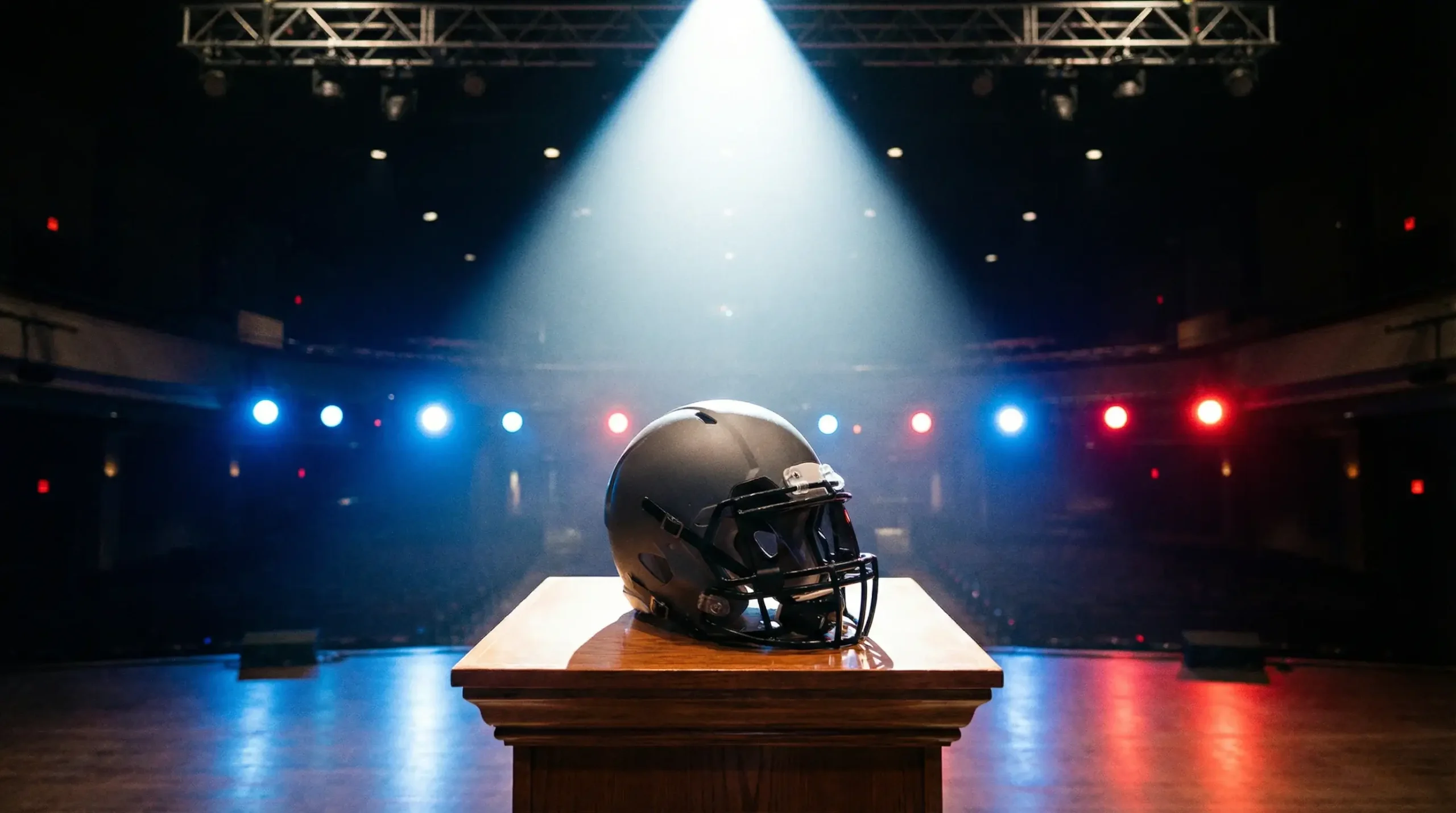 NFL-Draft-Bühne mit Rednerpult und Football-Helm unter Scheinwerferlicht