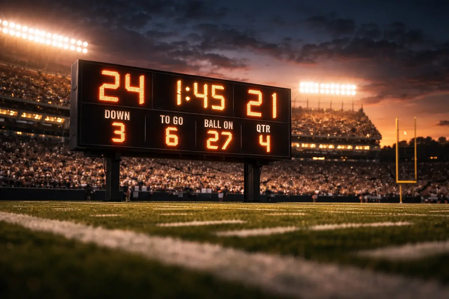 NFL Handicap-Wetten – Nahaufnahme einer Anzeigetafel im Football-Stadion mit Punktestand