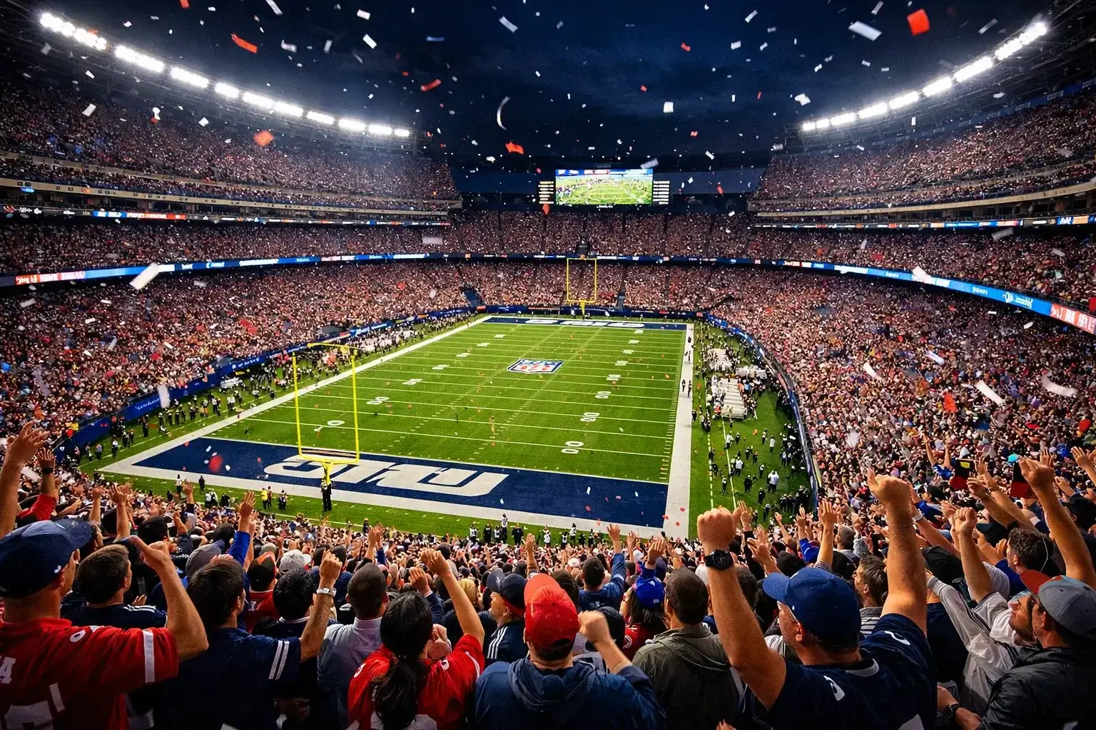 NFL Heimvorteil – Volles American-Football-Stadion mit begeisterten Fans und Flutlicht bei einem Heimspiel