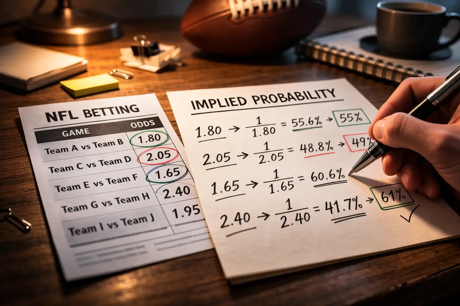 NFL-Quotentafel mit handschriftlichen Wahrscheinlichkeitsberechnungen