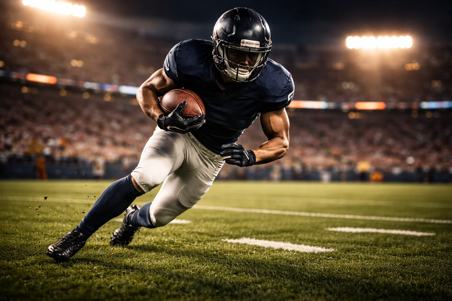 NFL-Spieler beim Lauf mit dem Football unter Stadionflutlicht