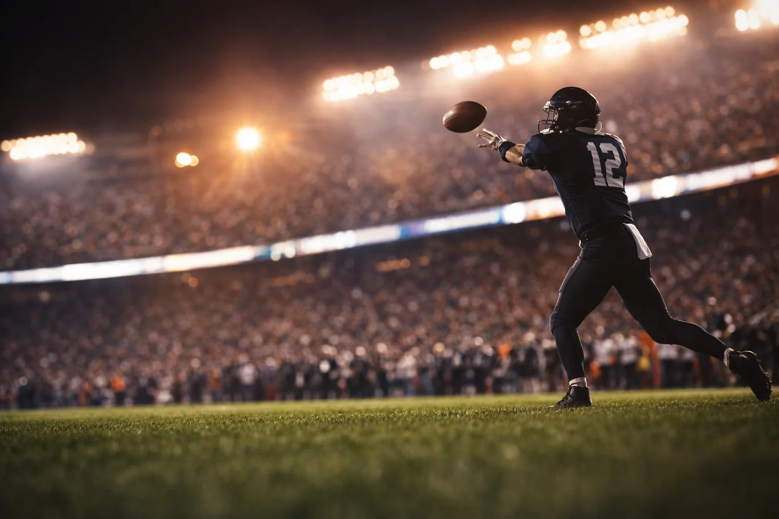 NFL Livewetten Strategie – Footballspieler auf dem Feld während eines laufenden Spielzugs mit Stadionbeleuchtung