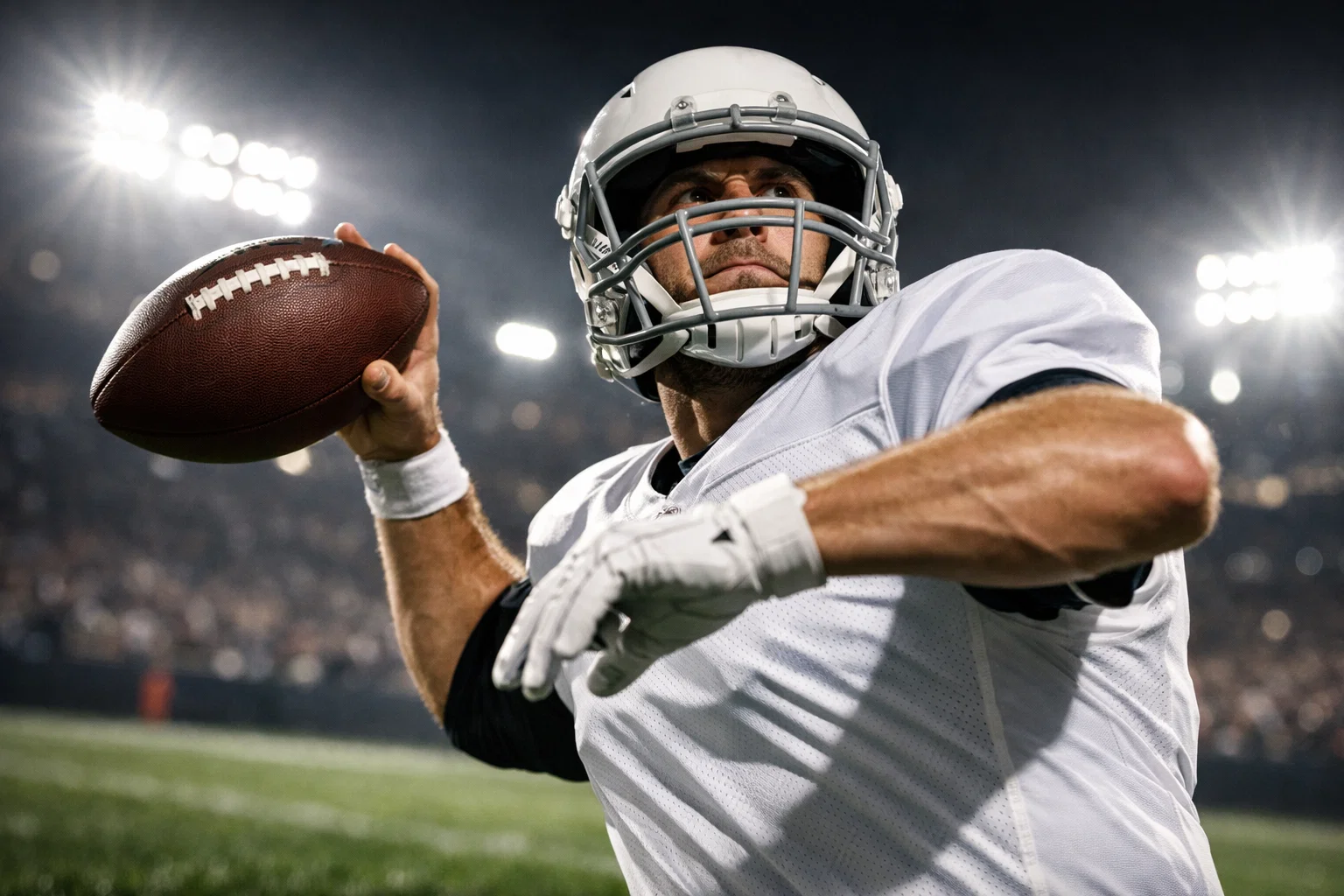 NFL Player Props – Quarterback wirft einen Pass im Flutlicht des Stadions