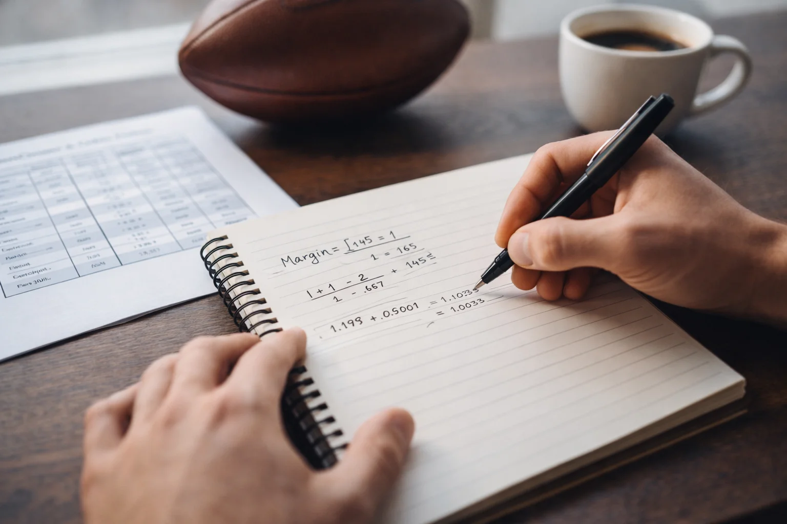 Person berechnet NFL-Quoten mit Notizblock und Stift am Schreibtisch