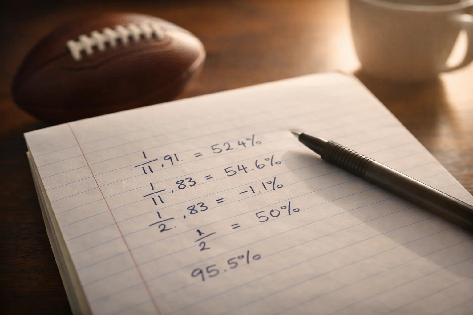 NFL Quotenschlüssel – Nahaufnahme eines Notizblocks mit Quotenberechnung neben einem American Football