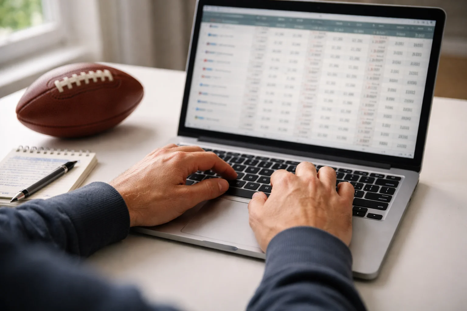 NFL Quotenvergleich – Person vergleicht Sportwetten-Quoten auf einem Laptop neben einem Football
