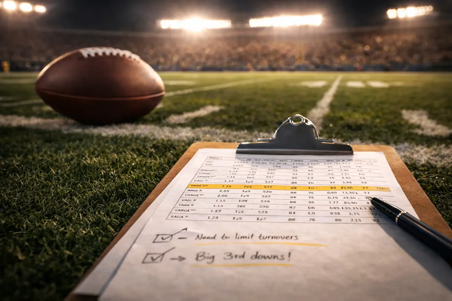 American-Football-Spielfeld mit Statistik-Auswertung am Spielfeldrand