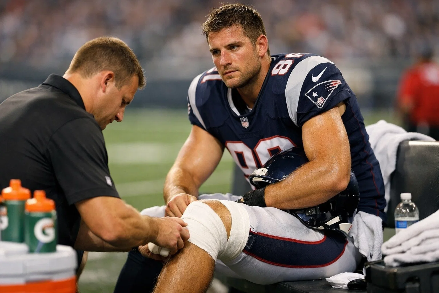 NFL Verletzungen und Wettquoten – Footballspieler sitzt am Spielfeldrand und wird von einem Teamarzt behandelt