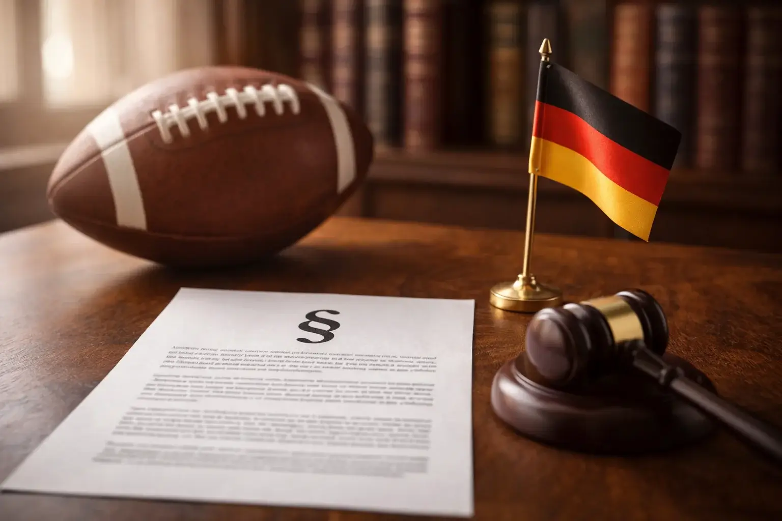 NFL Wetten in Deutschland – Dokument mit Paragraphen-Symbol und Football im Hintergrund