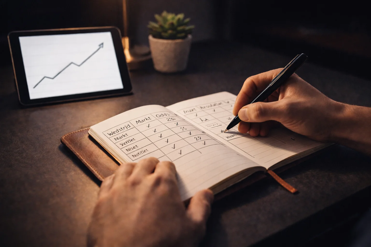 Notizbuch mit Wettstrategie-Notizen neben einem Laptop mit NFL-Statistiken — Value Bets und Bankroll Management