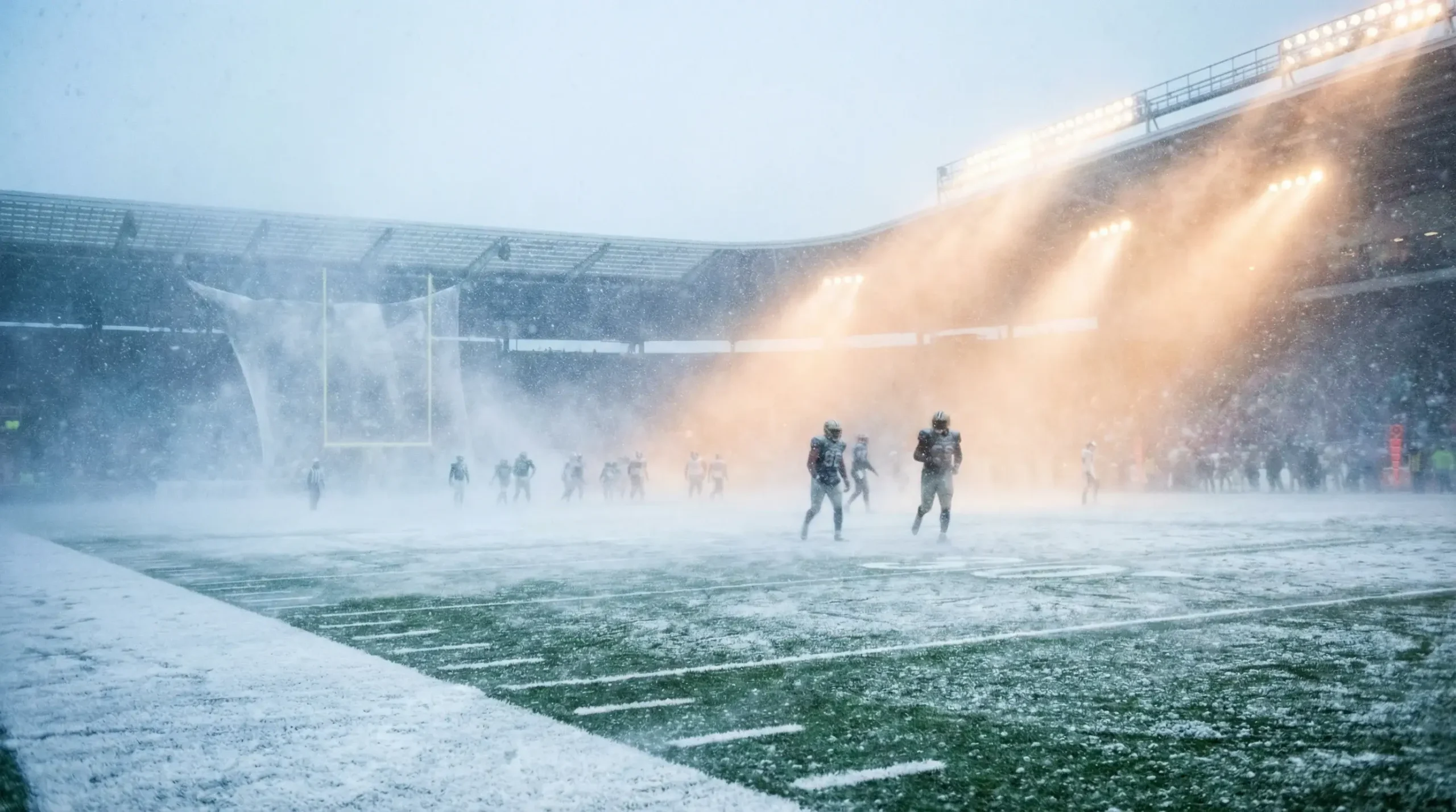 NFL-Spiel bei starkem Wind und Schneefall in einem offenen Stadion
