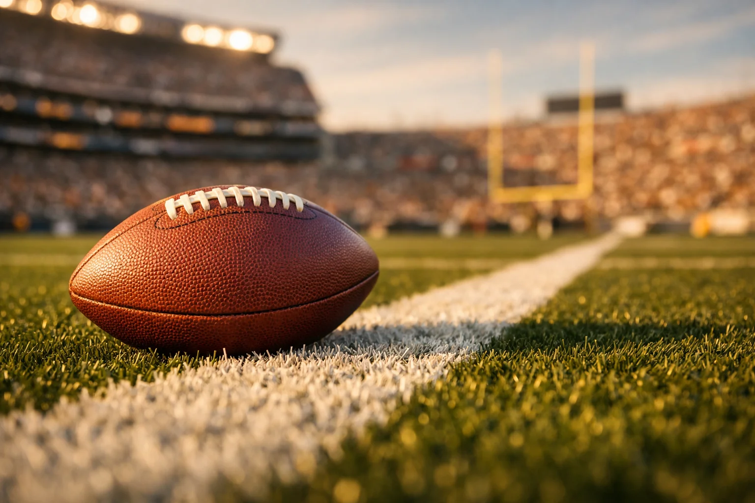 NFL Wettmärkte und Quoten – Nahaufnahme eines American Footballs auf dem Spielfeld mit Stadion im Hintergrund