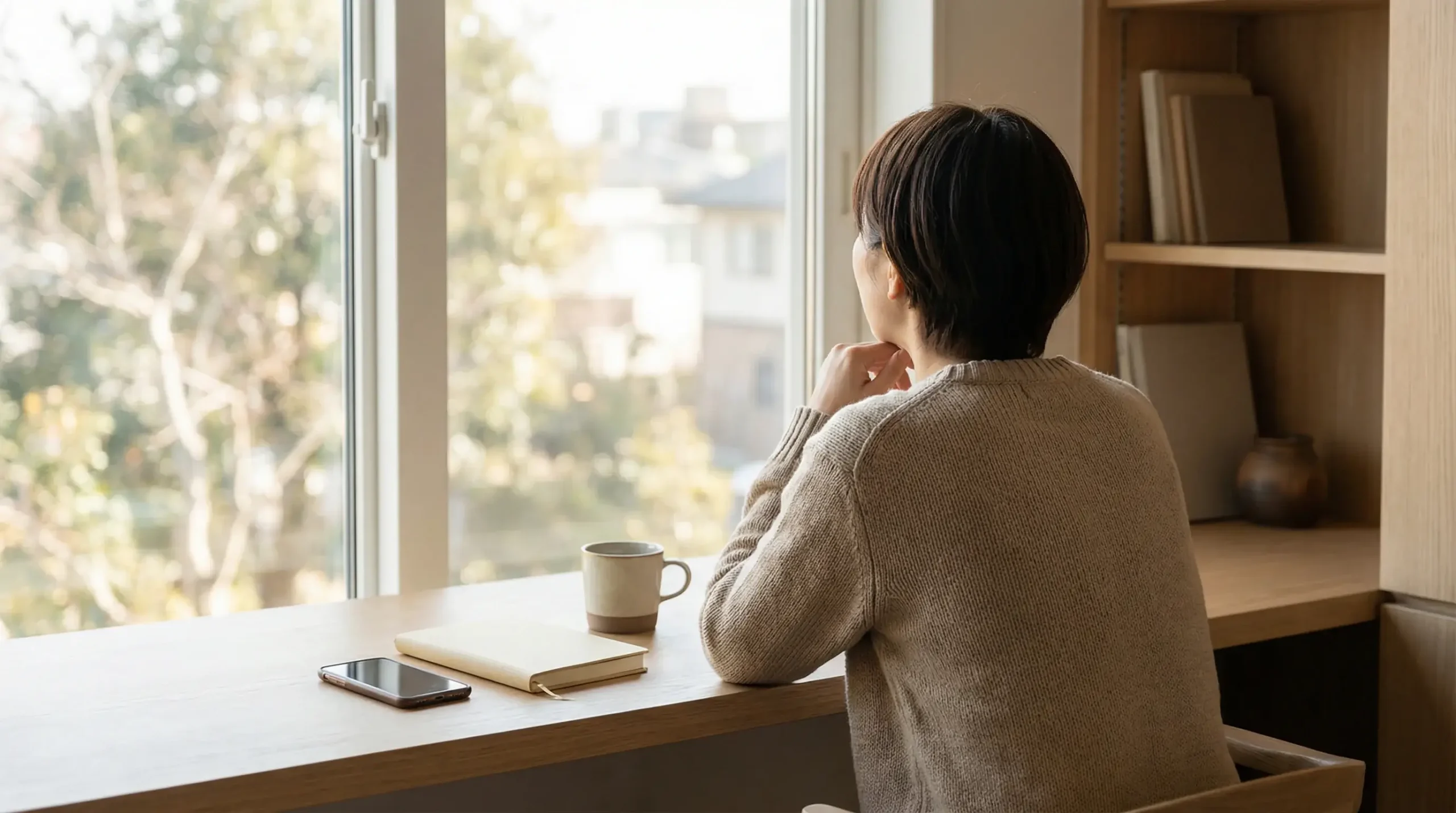 Person legt nachdenklich ein Smartphone beiseite und blickt aus dem Fenster